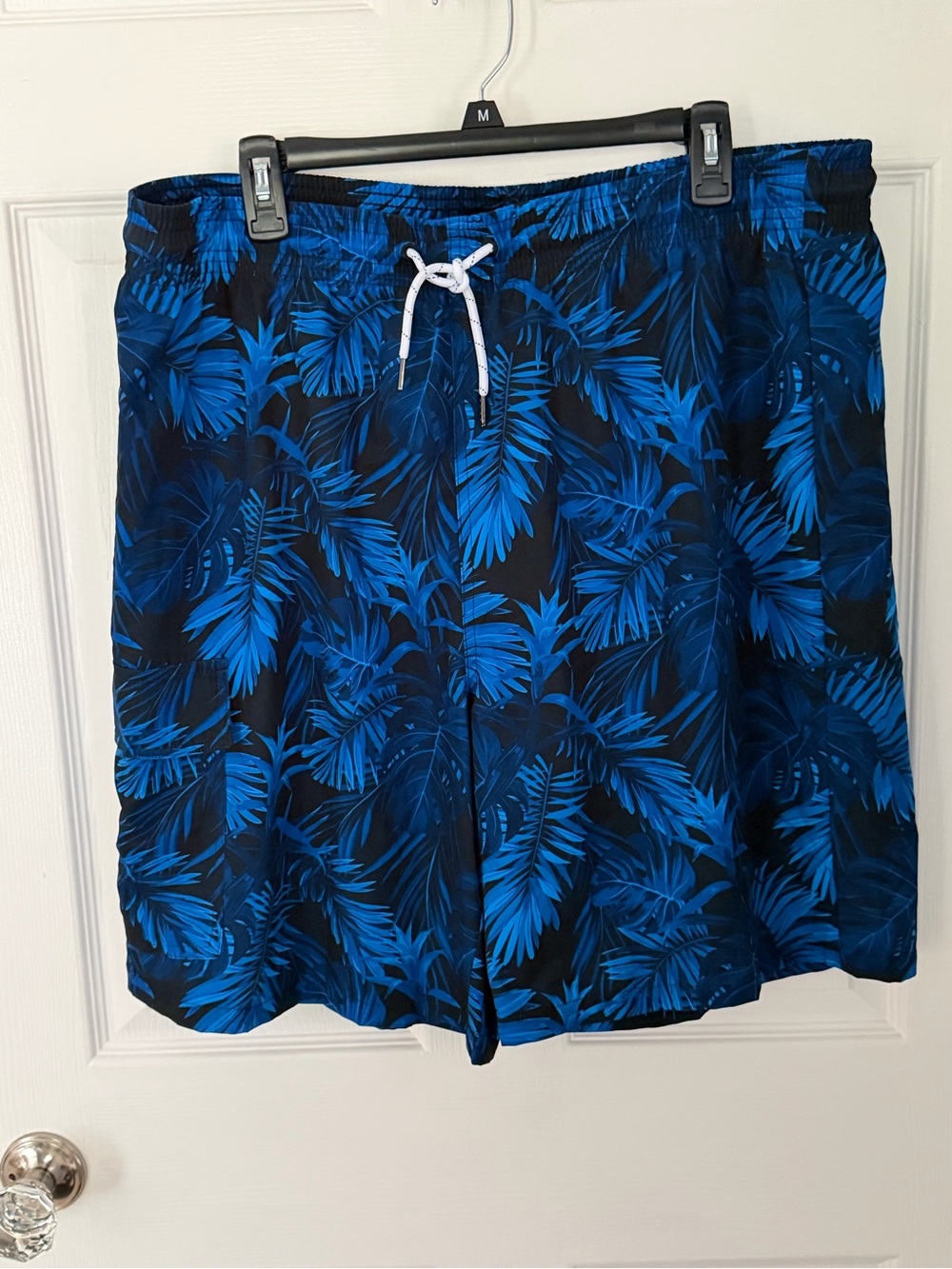 Men's Blue Tropical Leaf Board Shorts with Drawstring